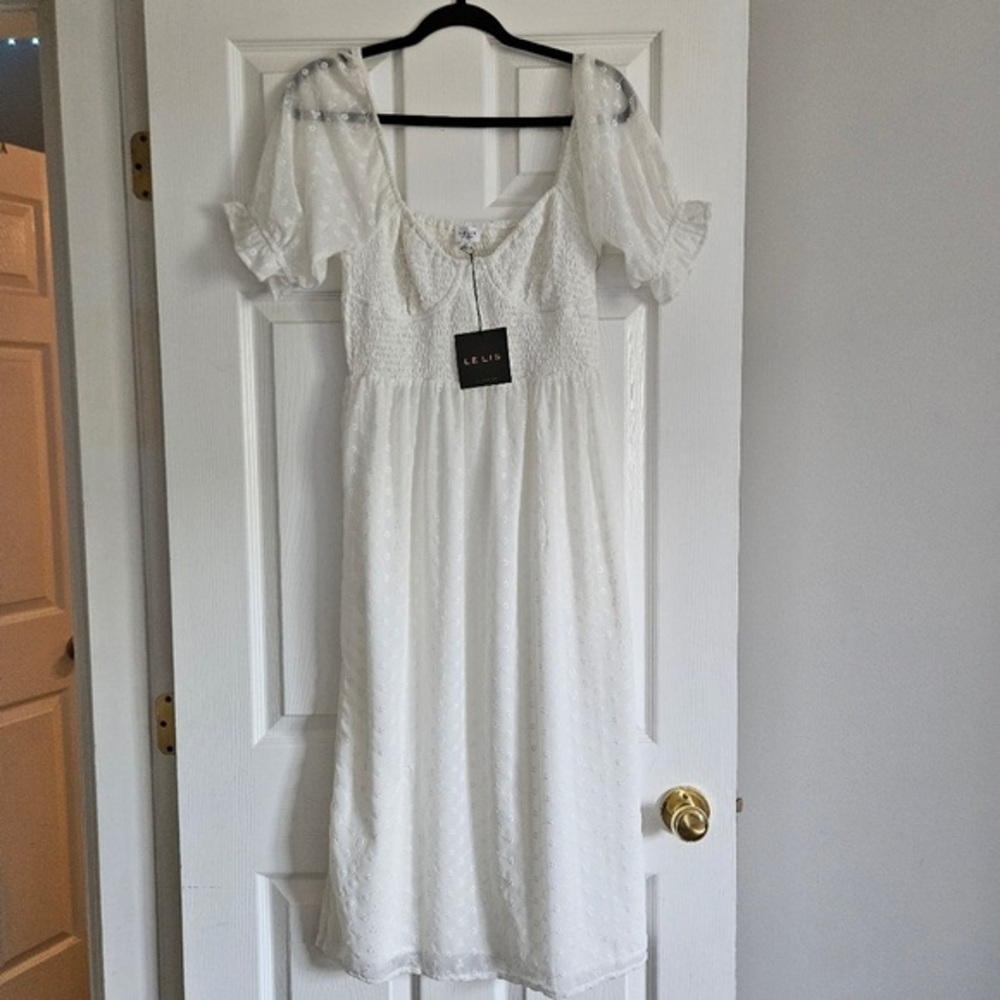 Le Lis White Swiss Dot Puff-Sleeve Midi Dress